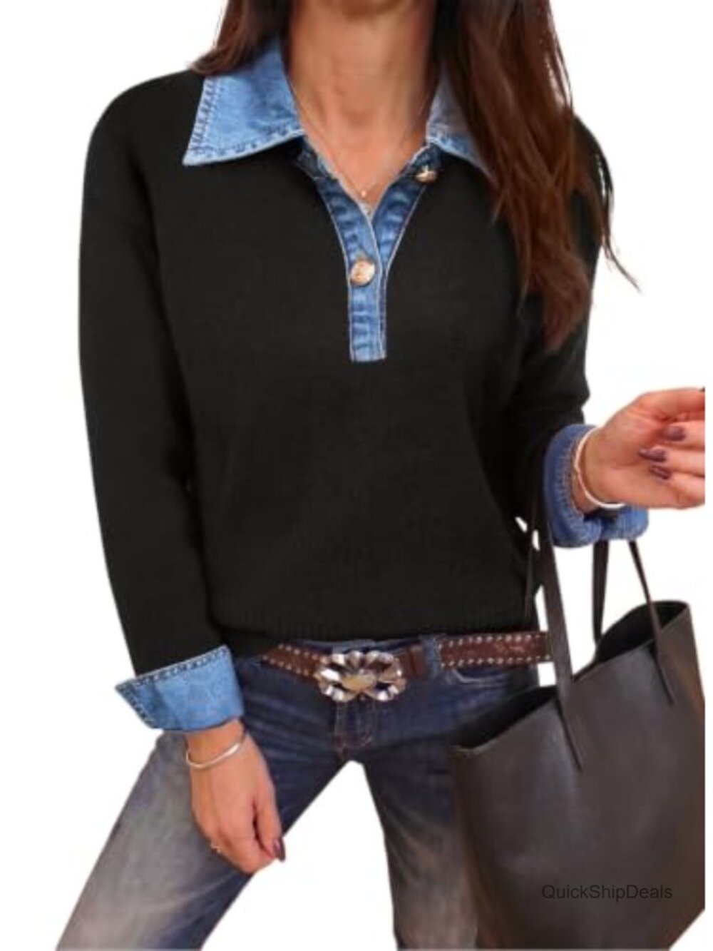 Faux Layered Chunky Knit Pullover Sweater with Denim Collar